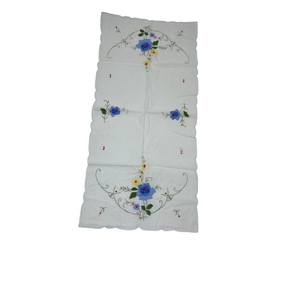 Vintage White Table Runner with Embroidery Blue Rose Floral Detail - Picture 2 of 3